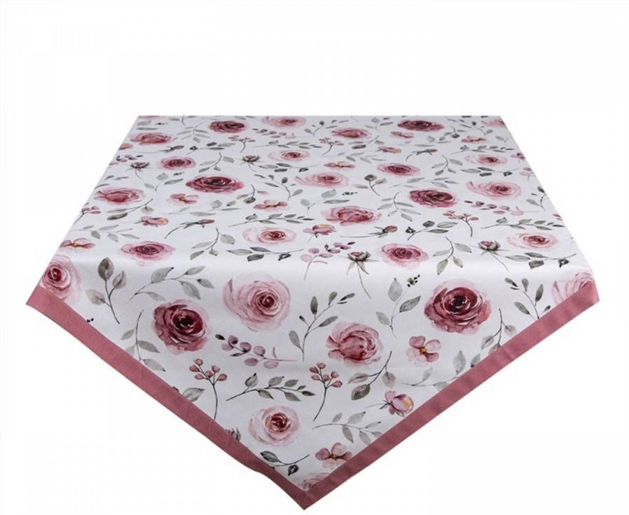 Clayre & Eef Tafelkleed 150x150 cm Wit Roze Katoen Vierkant Rozen online kopen